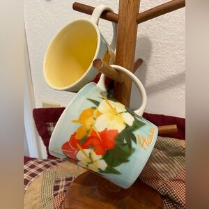STARBUCKS HAWAII 2010 (2) “Hibiscus Bone China Mugs” Large 16oz Aqua/Yellow EUC